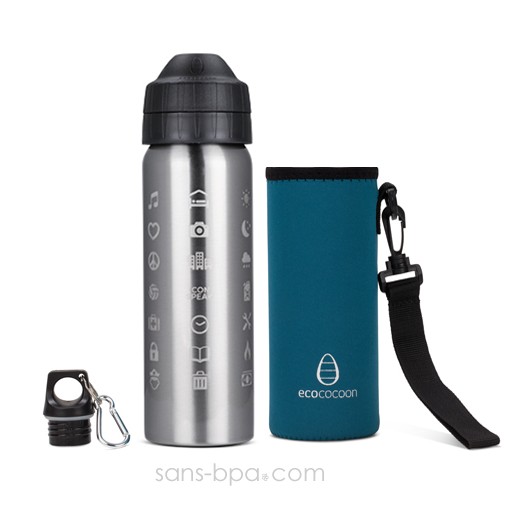 Pack gourde isotherme 600ml Iconspeack & sa housse Teal - Ecococoon Pack gourde isotherme 600ml Iconspeack & sa housse Teal - Ecococoon