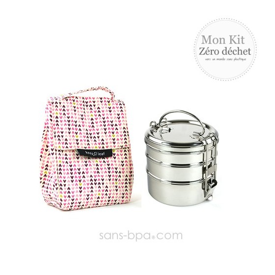 Pack Sac isotherme Lunchbag Coeurs + Gourde inox 600ml Bird + Boite repas isotherme 470 Pink