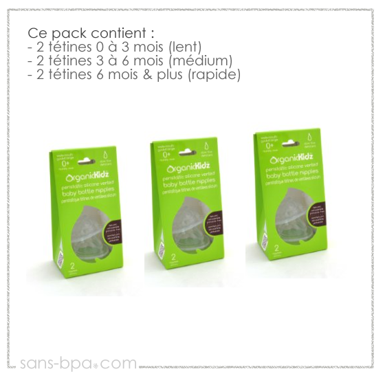 Pack 6 tétines goulot large 0 à 6 mois & plus - Organic Kidz