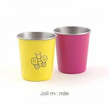 DUO Timbales 180 ml inox coloré . motif gravure PAPILLON & pink - JOLI MONDE